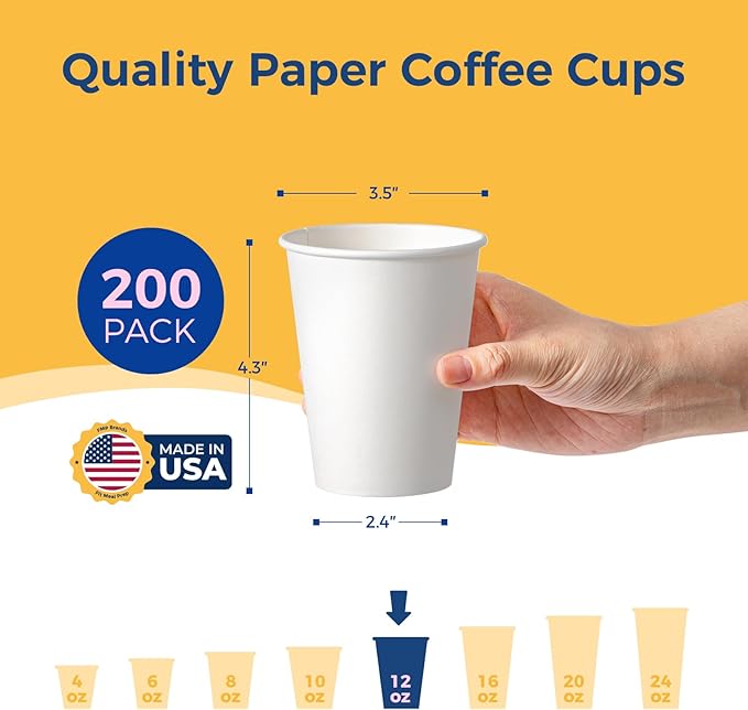 Fit Meal Prep 200 Pack 12 oz Disposable Paper Coffee Cups, Premium Hot Cups for Hot/Cold Beverage, Durable Thickened White Paper Cup Bulk for Party, Office, Bussines, Cafes, Bistros, Daily Use