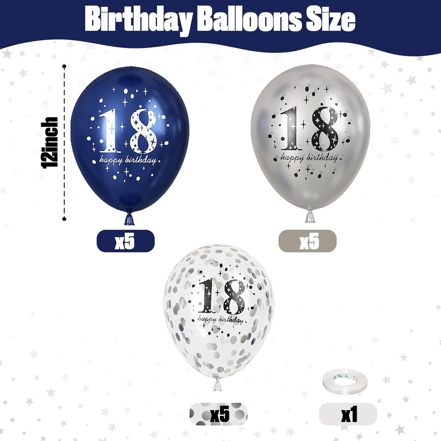 Happy 18th Birthday Balloons for Boys, Navy Blue Silver 18th Birthday Party Decorations for Him, 15 Pieces 18th Balloons for Boys Age 18 Years Old Birthday Celebration Party Decorations Supplies