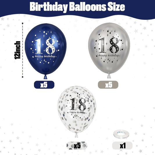 Happy 18th Birthday Balloons for Boys, Navy Blue Silver 18th Birthday Party Decorations for Him, 15 Pieces 18th Balloons for Boys Age 18 Years Old Birthday Celebration Party Decorations Supplies