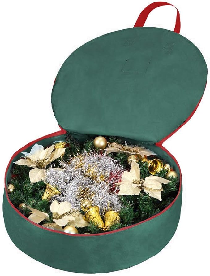 Primode Christmas Wreath Storage Bag 24",2 Pack Artificial Wreath Container,Garland Holiday Xmas Wreaths Holder,Sturdy Handles,Inner Straps,Card Slot Dual Zipper Strong Oxford (24 Inch, Green)
