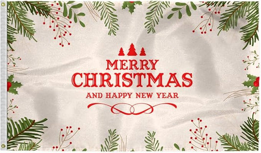 AGAS Merry Christmas Flag 3x5 Ft - Merry Christmas and Happy New Year Flags Vivid Color 200 Denier Nylon Holiday Flag With Brass Grommets for Indoor Outdoor Decoration