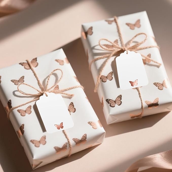 ASYEHJNR 100Pcs Blank Gift Tags with String, Foil Rose Gold Butterfly Large Gift Tags with 65 Ft Jute Twine Cute Tags White Paper Gift Tag for Birthday Baby Shower Wedding Spring Summer Gift Wrap Tag