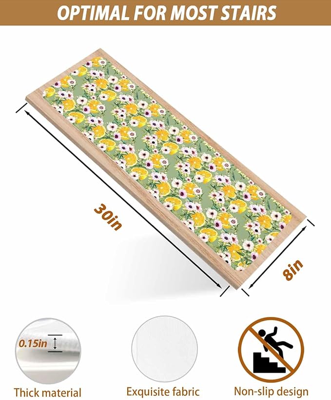 Summer Flowers Stair Treads Non Slip for Wooden Steps Pink Floral Yellow Lemons Leaves Green Pastoral Stair Runner Carpet Reusable Adhesive Staircase Rugs for Dogs, Elders and Pets, 8x30 Inch, 7PCS