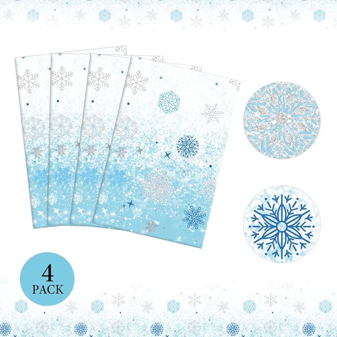 4 PCS Blue White Plastic Snowflake Tablecloth(54x108 Inch) Frozen Birthday Winter Wonderland Decorations Disposable Table Cover Tablecloths for Christmas Holiday New Year Party Favors Supplies Decor