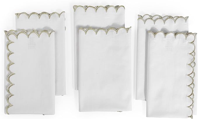 FINGERCRAFT Cloth Napkins, Everyday Use Scallop Design with Golden Zari, Premium Quality Natural Cotton Napkin Cloth Set of 6 Perfect for Parties Dinners Weddings Christmas 20x20 inch White