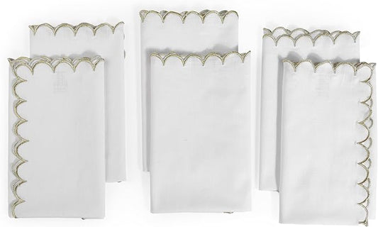 FINGERCRAFT Cloth Napkins, Everyday Use Scallop Design with Golden Zari, Premium Quality Natural Cotton Napkin Cloth Set of 6 Perfect for Parties Dinners Weddings Christmas 20x20 inch White