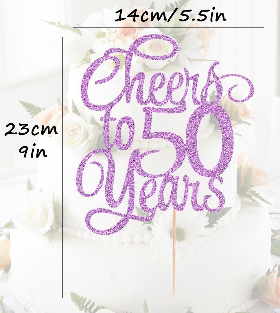 Cheers to 50 Years Cake Topper - Light Purple Glitter 50th Birthday Cake Decorating Supplies, Perfect for 50th Anniversary or Fifty Birthday Party, Photo Booth Props