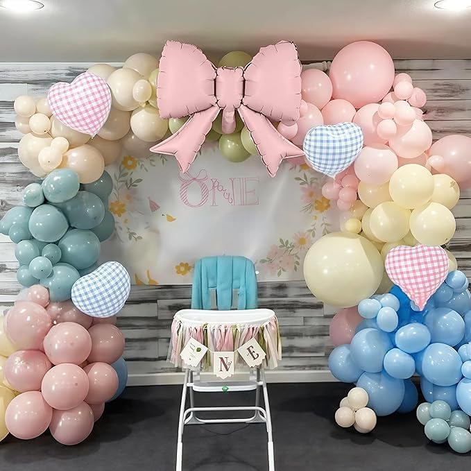 Silly Goose Balloon Arch with Checkered Heart Bow Foil Balloons, Pink Blue Sage Green Sand White Ivory Balloon Garland for Girls Boys First Birthday Baby In Bloom Baby Shower Flower Fairy Tea Decor