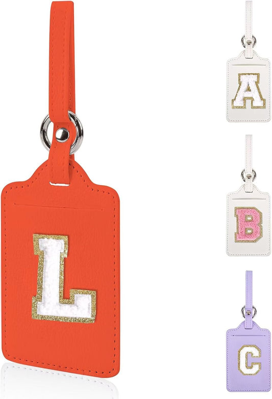 Personalized Initial Luggage Tags for Suitcases, Leather Chenille Letter Cute Luggage Tags with Privacy Name Card, Embroidered Travel Bag Backpack Tags Gifts for Women Kids Girls Teens(Orange-L)