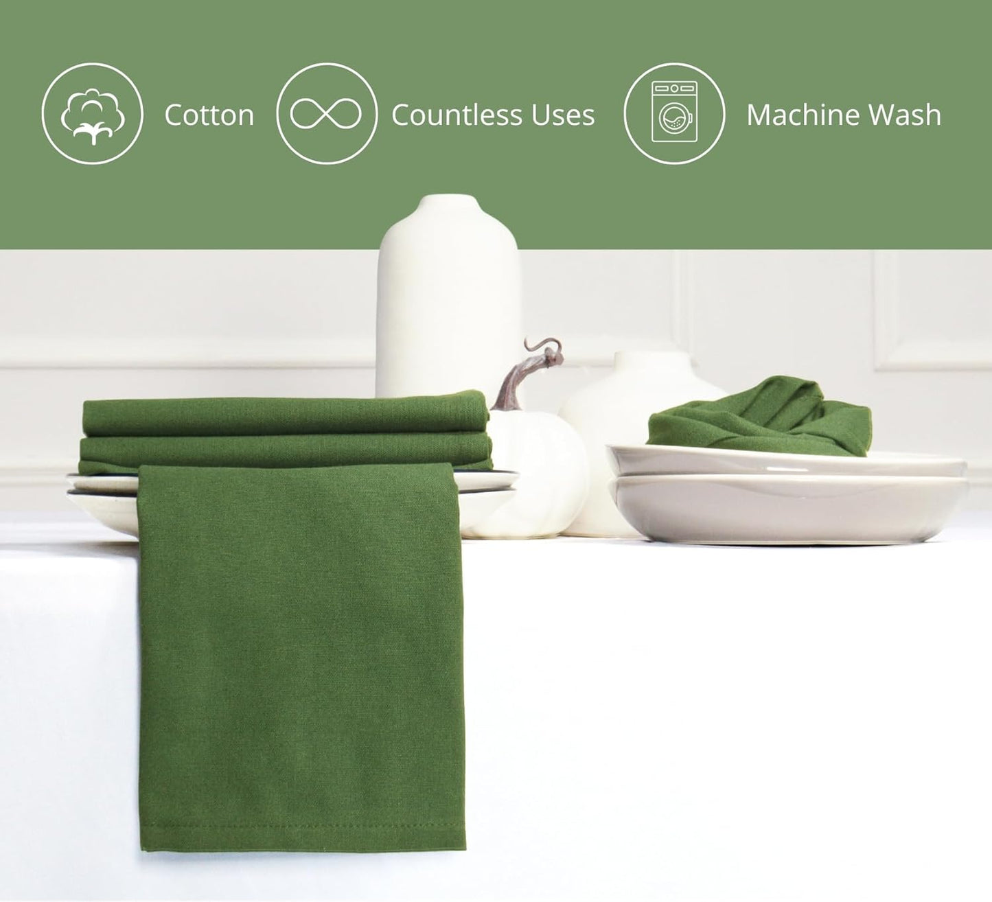 PurpleEssences Set of 6 Cloth Dinner Napkins 100% Cotton 18x18 Inch - Soft Durable Washable - Ideal for Farmhouse Party Fall Thanksgiving - Perfect Everyday Use Table Linen - Sage Green