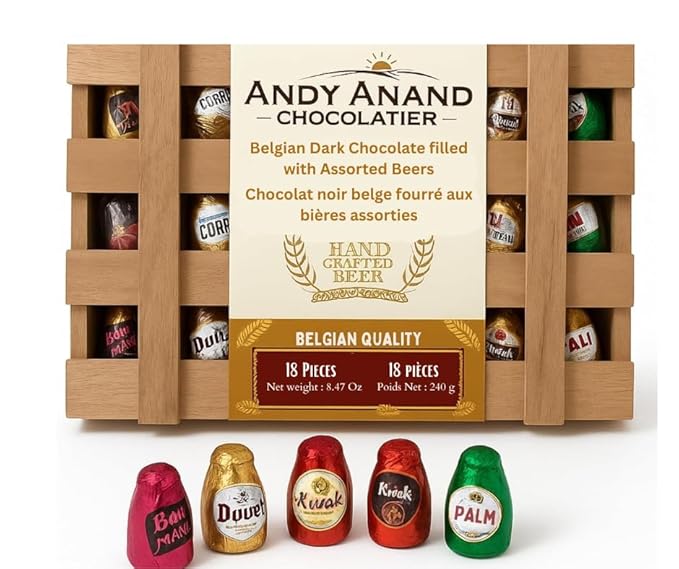Andy Anand Chocolatier European Beer Flavored Dark Chocolate Bottles, Filled with Top-Shelf Beer, Gluten Free Assorted Flavors Chocolates, Packed in a Wooden Gift Box (18 Pcs)