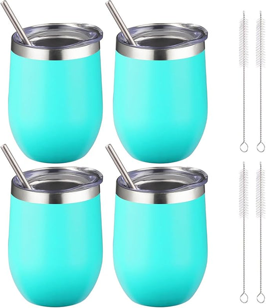12 oz Insulated Wine Tumbler with Lid and Straw,Stainless Steel Stemless Wine Tumbler Glasses Double Wall Vacuum Wine Cups Tumbler Bulk for Coffee,Champaign,Office(Mint Green,4)