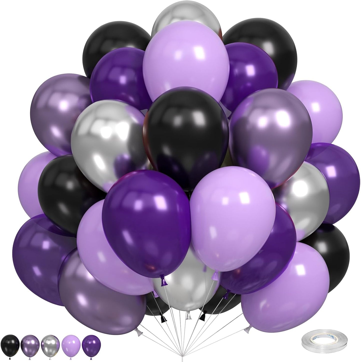 Purple and Black Balloons, Black Purple Balloons Metallic Silver Metallic Purple Balloons, Black Lilac Balloons for Women Girls Birthday Wedding Engagement Graduation Halloween Theme Party Decoration