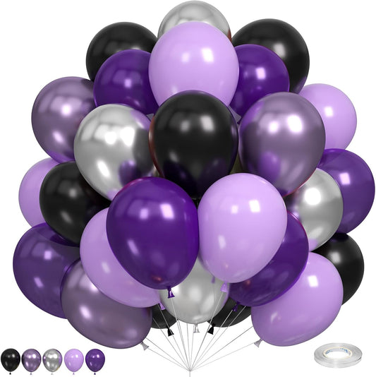 Purple and Black Balloons, Black Purple Balloons Metallic Silver Metallic Purple Balloons, Black Lilac Balloons for Women Girls Birthday Wedding Engagement Graduation Halloween Theme Party Decoration