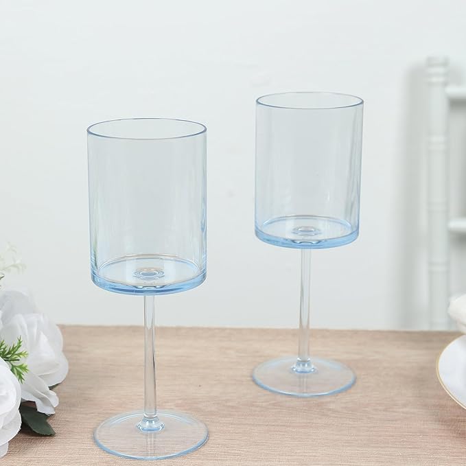 Efavormart 6-Pack Transparent Dusty Blue Plastic Cylindrical Wine Glasses 10oz, Long Stem - Shatterproof Reusable Cocktail Glasses