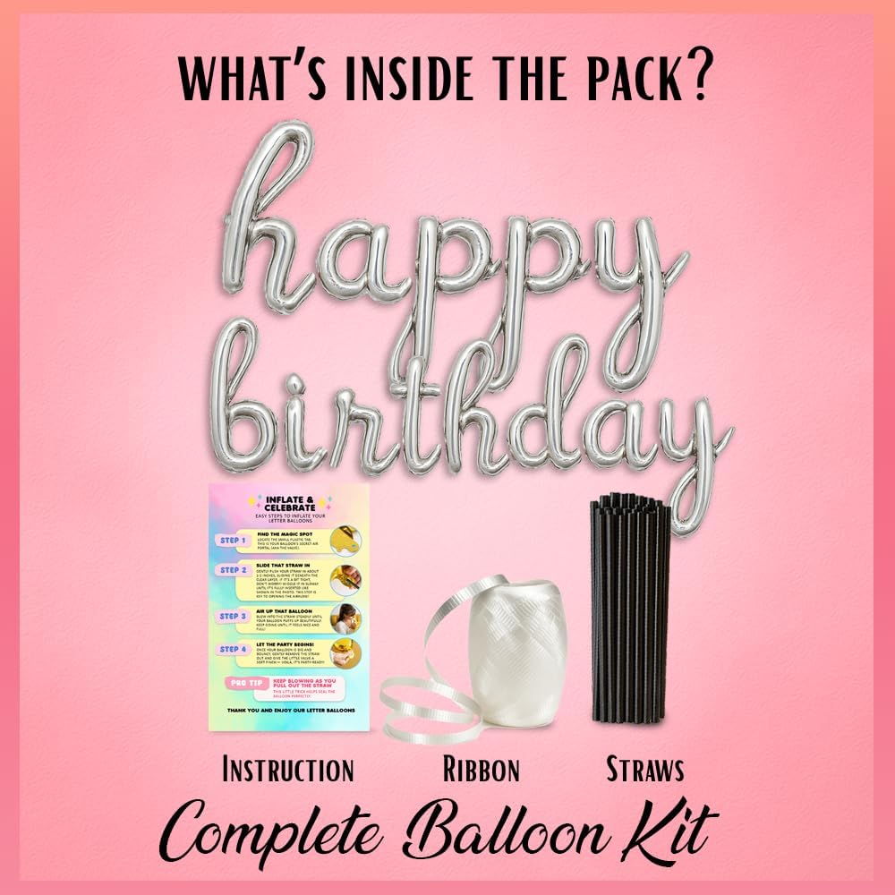 Silver Happy Birthday Balloons Banner | Script/Cursive Gold Letter Balloon Sign For Birthday Party Decor/Decoration | Foil Mylar Happy Birthday Banner