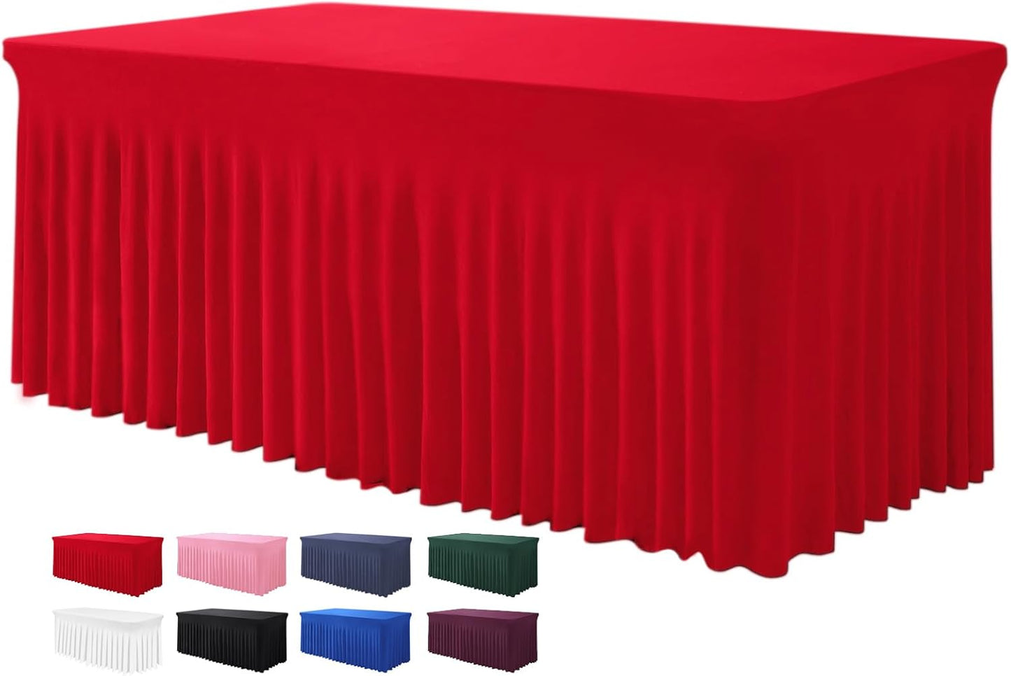 Table Skirts for Rectangle Tables 8ft - One-Piece Red Tablecloths and Skirt, Wrinkle Resistant Ruffles Elastic Cover for Banquets, Weddings, Events, Parties