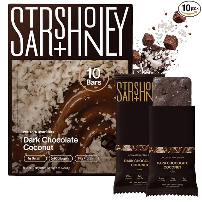 Stars + Honey Protein Bars - Dark Chocolate Coconut, 14g Protein, 1g Sugar, w/Collagen Keto Friendly Snack - Gluten, Dairy, Seed Oil, & Soy Free - High-Protein Snacks for Energy & Recovery -10 pack