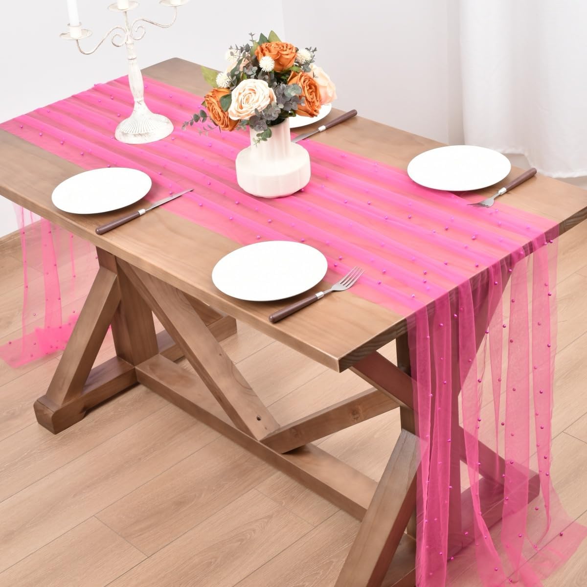 Fuschia Pearl Fall Thanksgiving Table Runner Boho Rustic Tulle Lace Table Runner for Baby Shower Wedding Arch Decor Veil Dessert Table Decor