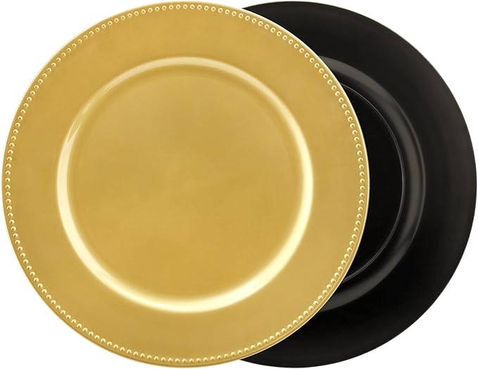 Okllen 12 Pack Plastic Gold Charger Plates, 13" Round Beaded Charger Plates for Wedding, Catering Event, Tabletop Decor