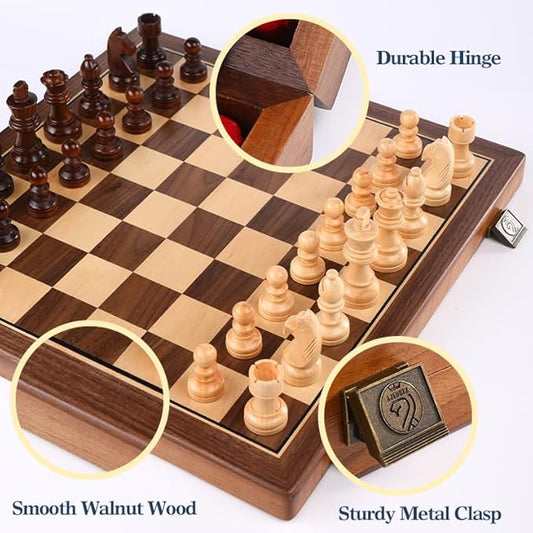 15 Inch Walnut Magnetic Chess Board Set for Adults Kids Wooden Chess, Folding Portable Travel Chess Game for Tournament Professional Beginner