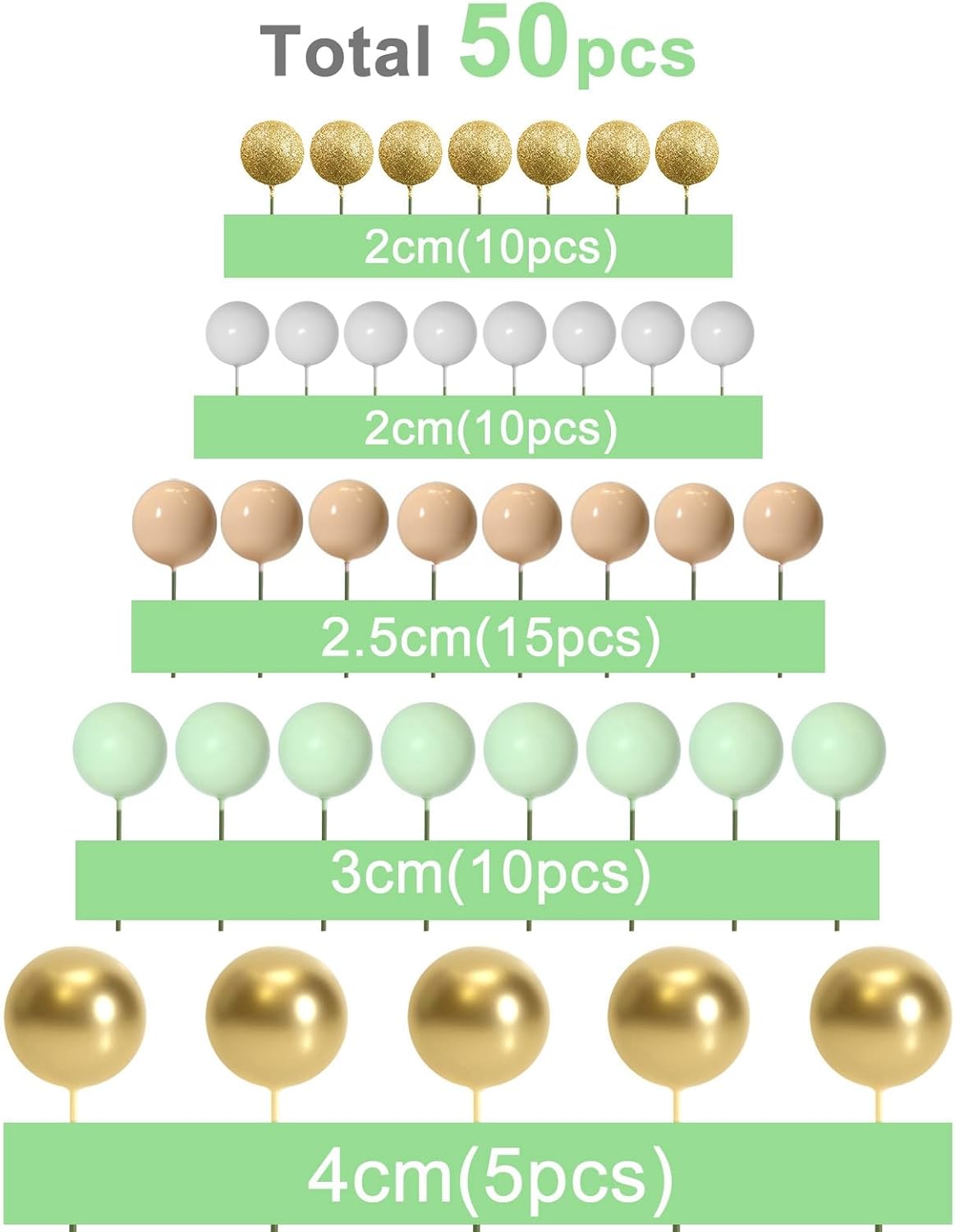 ASTARON 50 Pcs Ball Cake Topper Sticks Mini Balloons for Cake Decorating Supplies Foam Balls Cake decorations for Baby Shower Cake Birthday Cake Toppers Decorations (Light Brown，Green)