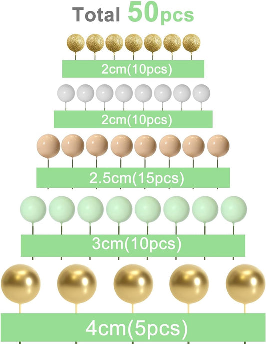 ASTARON 50 Pcs Ball Cake Topper Sticks Mini Balloons for Cake Decorating Supplies Foam Balls Cake decorations for Baby Shower Cake Birthday Cake Toppers Decorations (Light Brown，Green)
