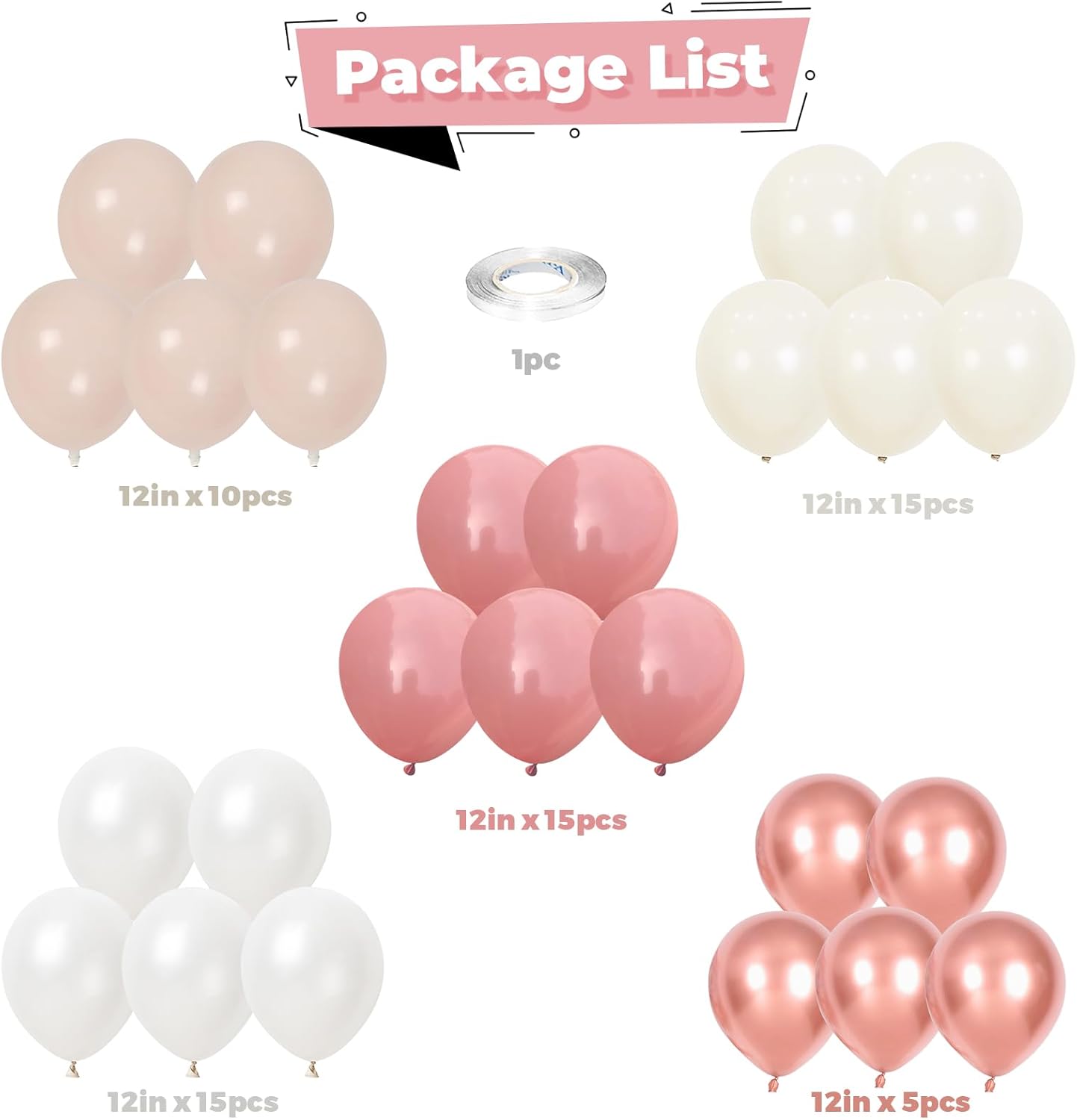 Pink White Balloons Rose Gold Blush White Balloon 60pcs 12inch Latex Helium Balloons Beige Retro Pink Nude Pearl White Sand Balloon Neutral Birthday Party Decorations Bride Wedding Boho DIY Supplies