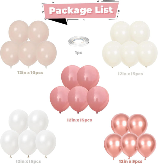 Pink White Balloons Rose Gold Blush White Balloon 60pcs 12inch Latex Helium Balloons Beige Retro Pink Nude Pearl White Sand Balloon Neutral Birthday Party Decorations Bride Wedding Boho DIY Supplies
