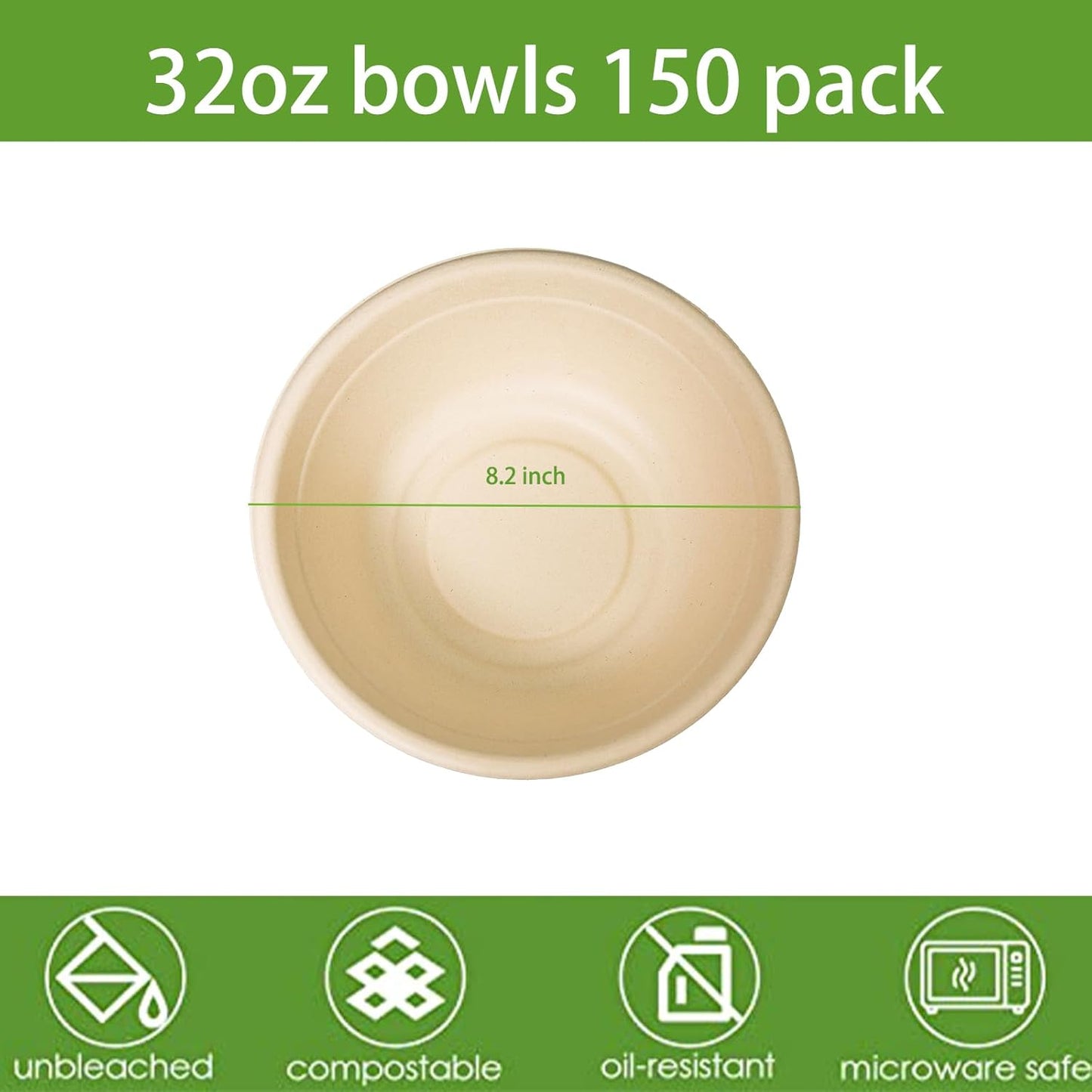 32oz Disposable Salad Bowls 150Pack, Big Paper Bowls, Large, Heavy-Duty, Eco-Friendly, Bulk Pack, Compostable Bowls, Biodegradable Made of Sugar Cane Fibers,Perfect For Salad