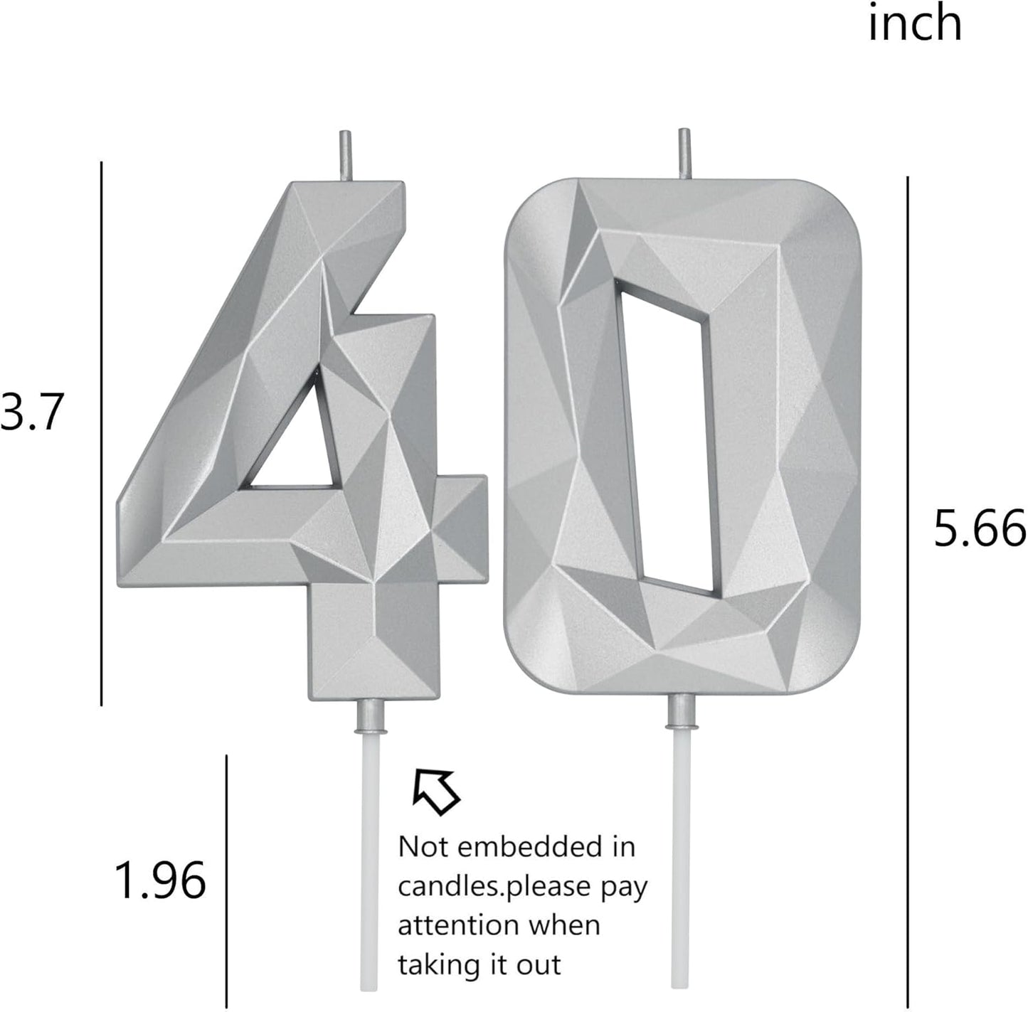 DERVENTA Birthday Candle Big Number 3D Silver 3.7 inch Party Celebration Anniversary Decoration Cake Topper 1 Piece (Number 40 Silver)
