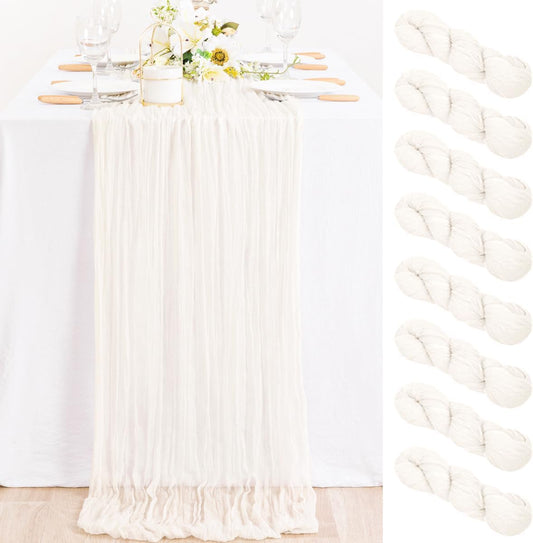 MLMC 8 Pack Ivory White Table Runner Rustic Gauze Cheesecloth Table Runner 10ft Cheese Cloth Cenerpiece 35x120 Inches for Fall Dessert Anniversary Wedding Bridal Baby Shower Decor