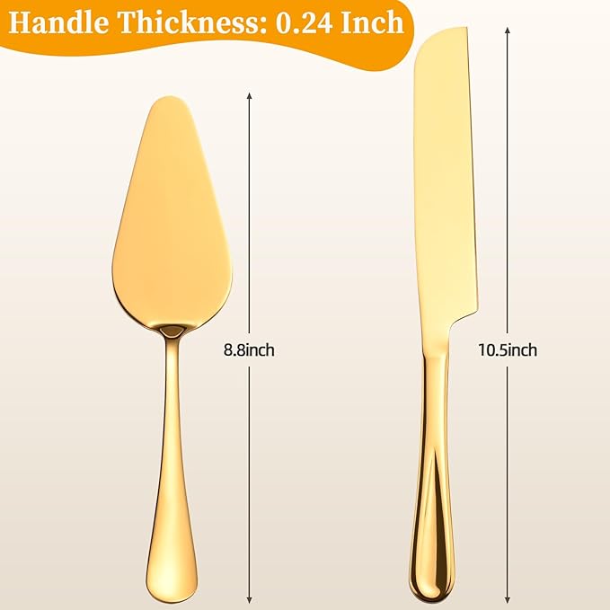 ERVILO Cake Cutting Set for Wedding, Pie Server, Stainless steel Wedding Cake Knife and Server set, Golden Cake Cutter for Birthday, Parties and Events (Gold Serving Set)