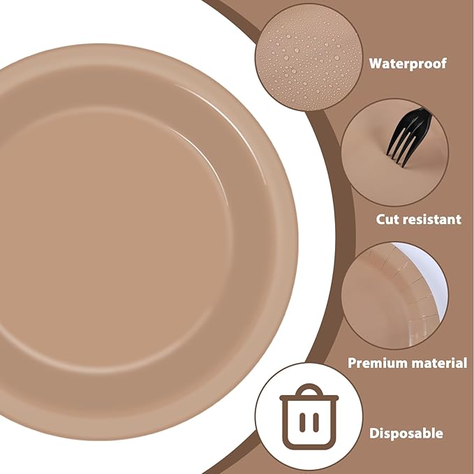 100Pcs Brown Paper Plates 9 Inch Gradient Brown Color Plates Disposable Round Dessert Plates Brown Party Tableware Solid Color Paper Plates Winter Table Decors for Birthday Gatherings Outdoor Party