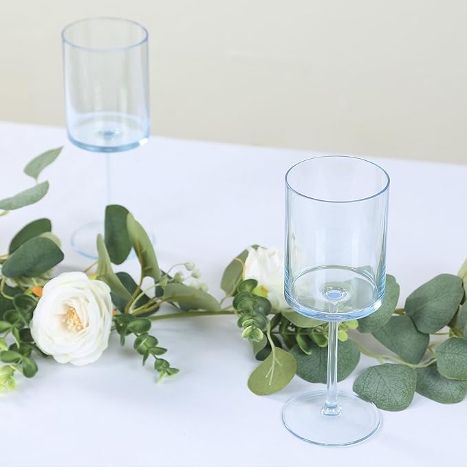 Efavormart 6-Pack Transparent Dusty Blue Plastic Cylindrical Wine Glasses 10oz, Long Stem - Shatterproof Reusable Cocktail Glasses