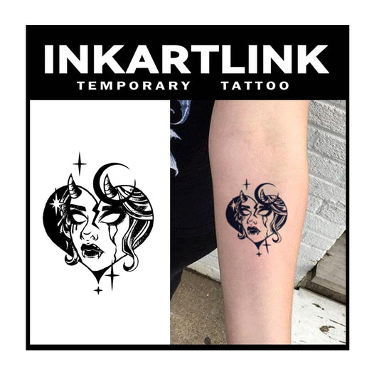 INKARTLINK 2 Sheets Medium Semi Permanent Tattoos, Temporary Tattoos, Adult Art Designs, Waterproof, Realistic, No Adhesive, No Reflective, Lasts 1-2 Weeks (Dark Moon Queen)