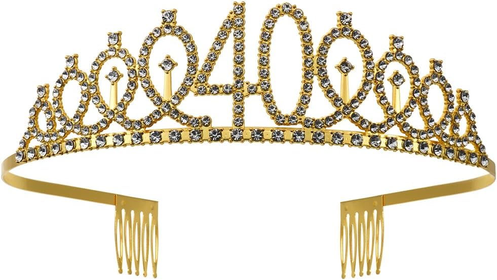 40th Birthday Decorations for Women，Gold 40 Birthday Crown Tiara ，Cake Topper, 40 & Fabulous Birthday Sash with Peal Pin and Birthday Candles Kit,40th Birthday Gifts for Women
