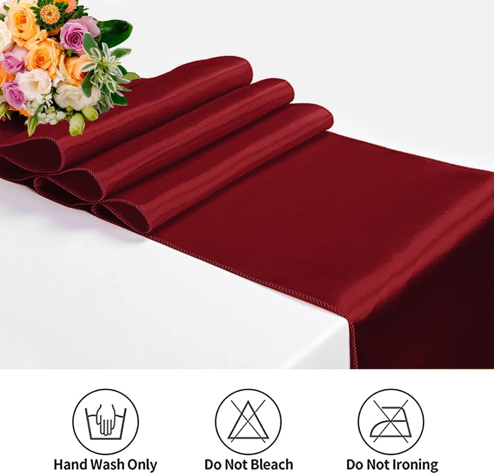 12 Pack Satin Table Runner 12 x 108 Inch Long Satin Table Runners for Wedding Banquet Graduations Birthday Party Decoration (Wine Red)