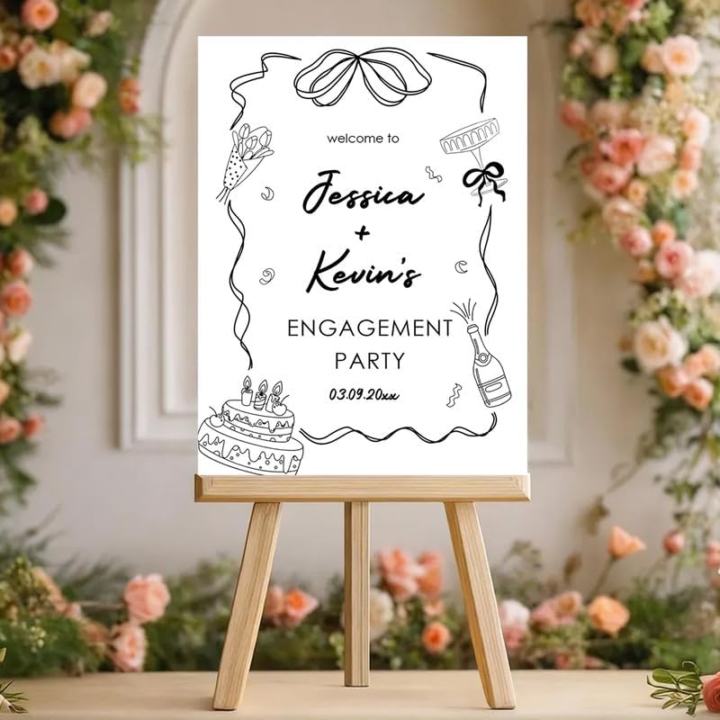 Fun & Playful Engagement Party Welcome Sign with Bow, Cake & Champagne - Custom Couples Yard Sign