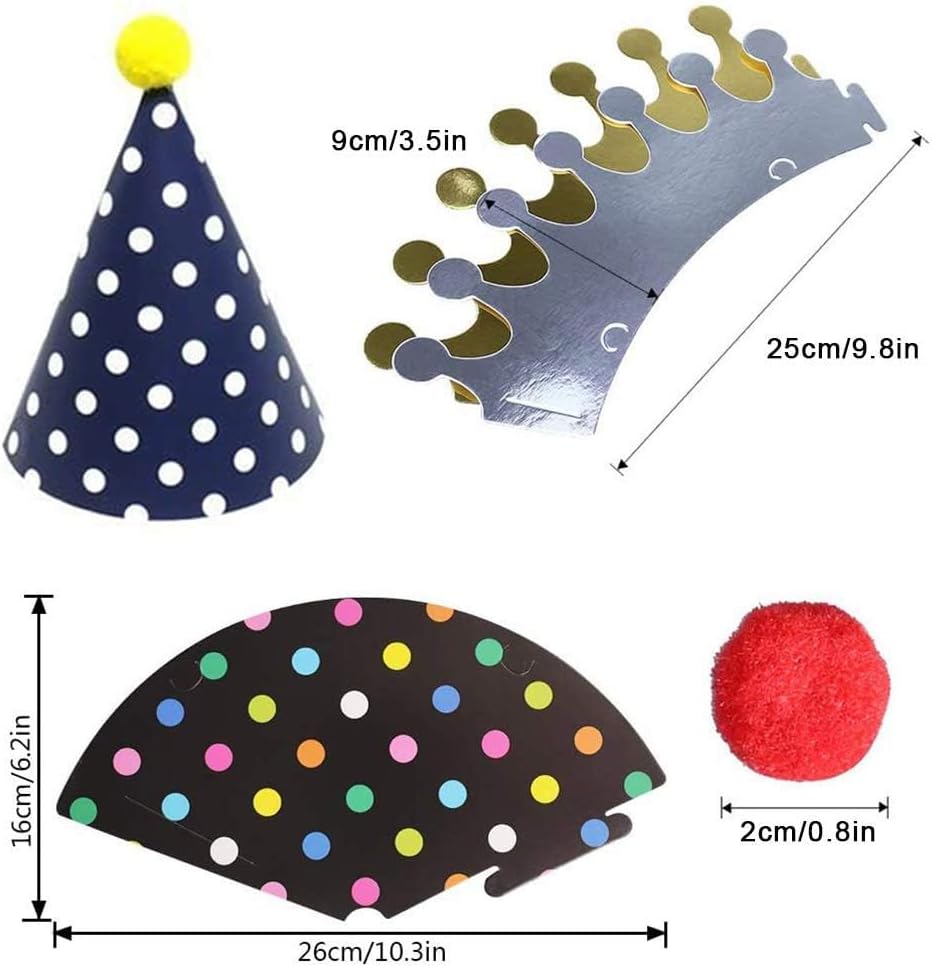 ELakiss 11PCS Birthday Party Cone Hats - Pom Poms,Lovely Cake Cone Birthday Paper Hats,Lovely Crown,For Kids and Adults Decorations (9 hats and 2 crowns)