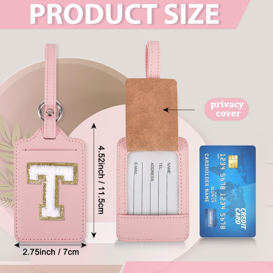 Personalized Initial Luggage Tags for Suitcases, Leather Chenille Letter Cute Luggage Tags with Privacy Name Card, Embroidered Travel Bag Backpack Tags Gifts for Women Kids Girls Teens(Pink-T)
