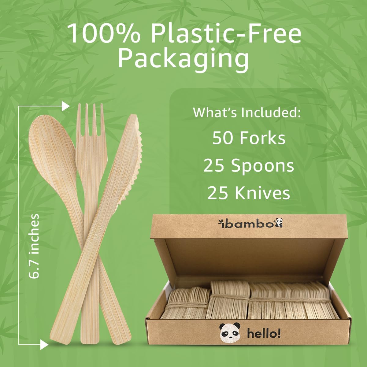Ibambo 100% Bamboo Utensils Set - 100x Compostable Cutlery Set (50 Compostable Forks, 25 Disposable Spoons, 25 Biodegradable Knives) | Bamboo Silverware | FSC Certified for Weddings, Camping, Party