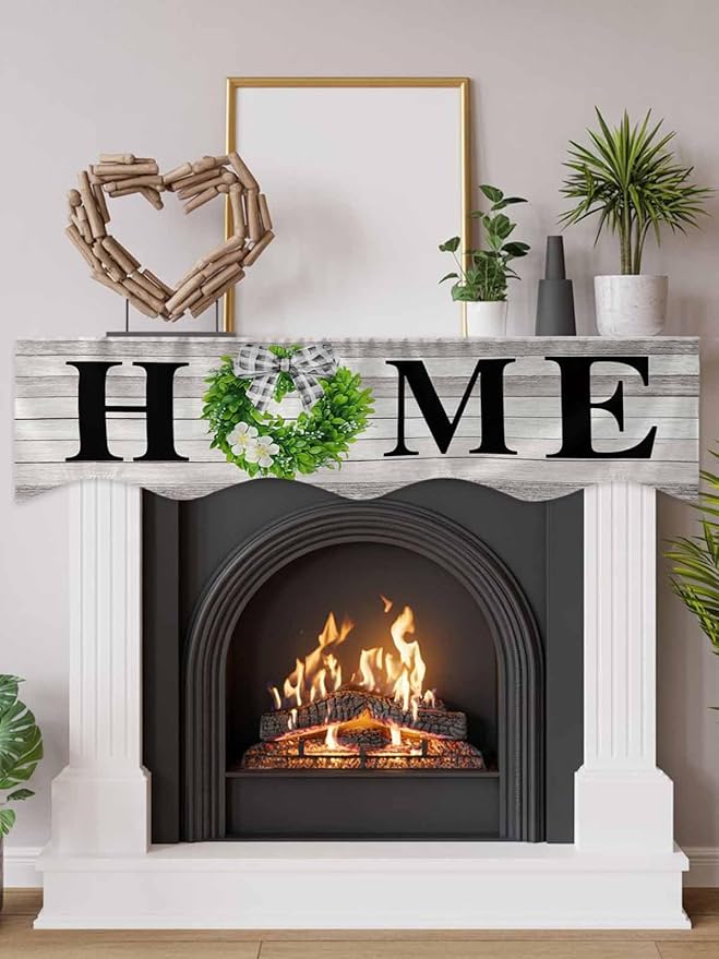 Rustic Fireplace Mantel Scarf Table Runner,Eucalyptus Leaves Green Wreath Wooden Plaid Home Winter Garland Mantel Top Tablerunners Dresser Scarves Cover for Windows Party Living Room 70"x17"