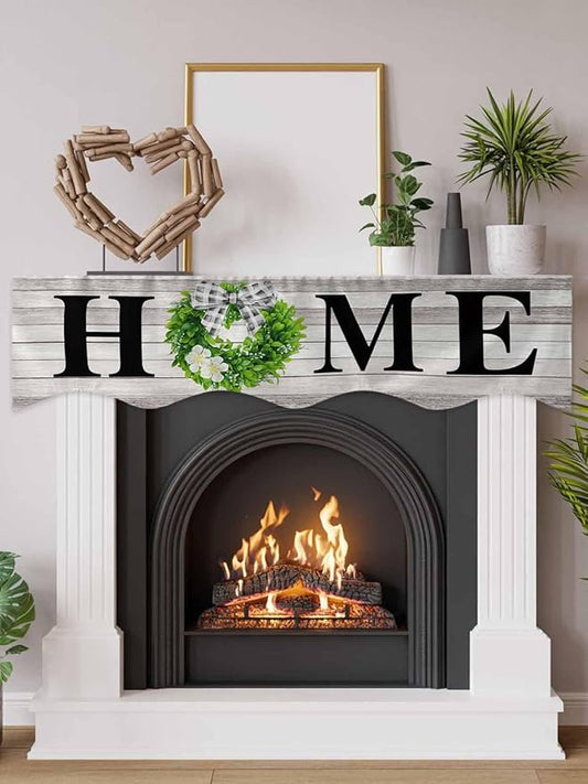 Rustic Fireplace Mantel Scarf Table Runner,Eucalyptus Leaves Green Wreath Wooden Plaid Home Winter Garland Mantel Top Tablerunners Dresser Scarves Cover for Windows Party Living Room 70"x17"