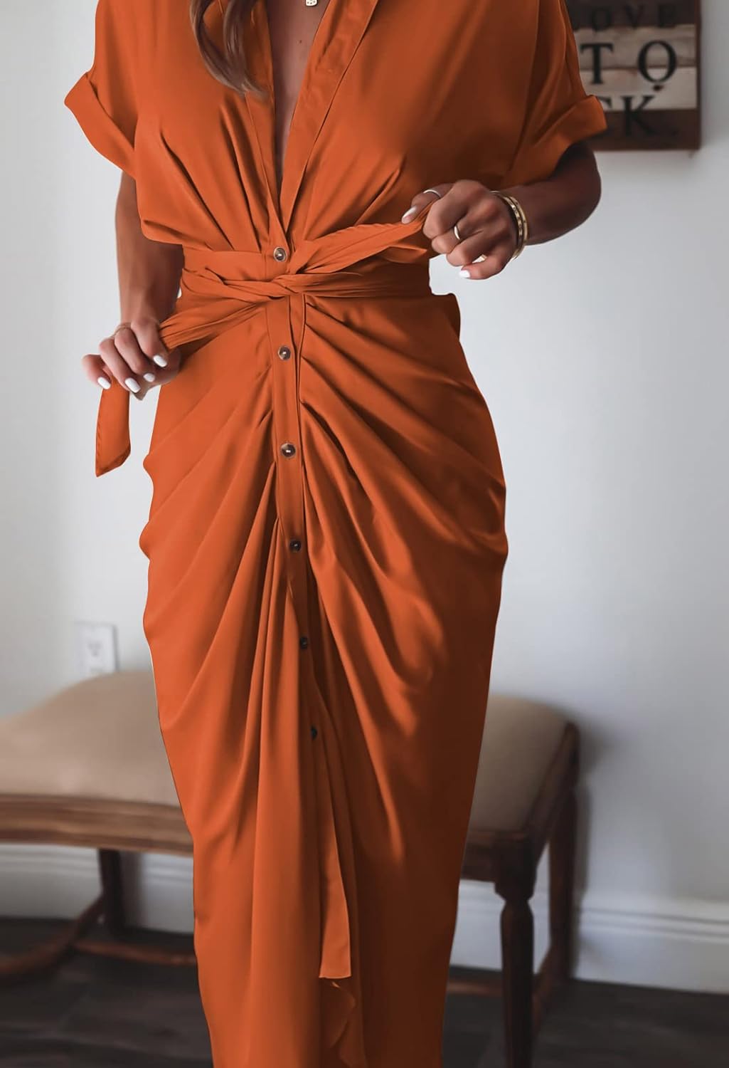 Women Elegant Satin Button Down Short Sleeve Maxi Shirt Dress with Belt