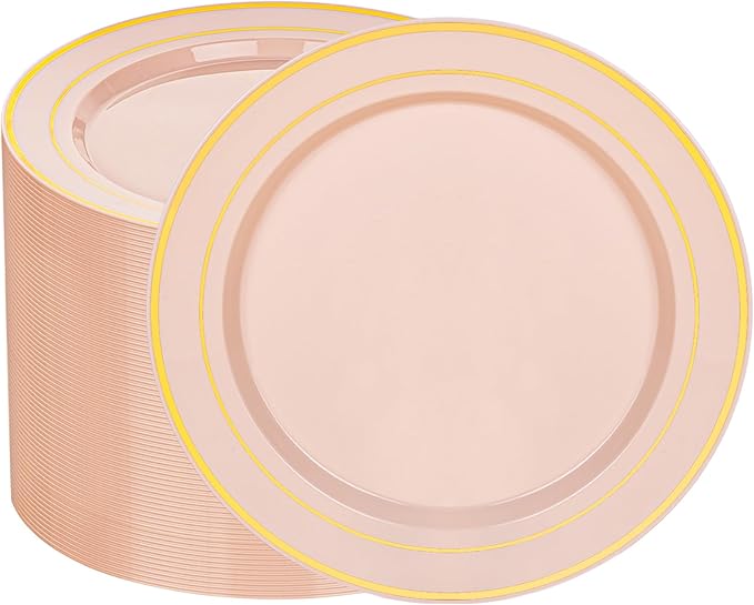 100PCS Pink Plastic Plates, 10 Inch Disposable Dinner Plate Party with Gold Rim, Heavy Duty Disposable Plastic Plates for Party, Wedding & Birthday & Valentine's Day