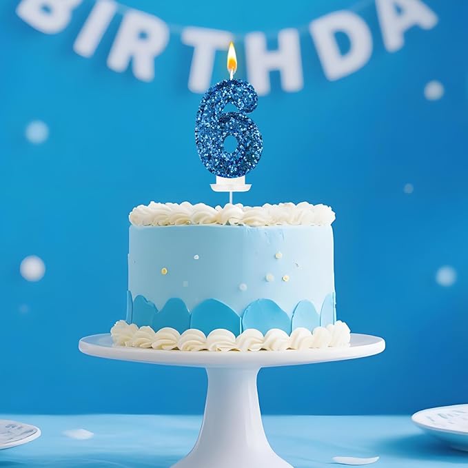 Zailo Birthday Number Candles, Glitter Number Candle Cake Decorations with Sequins, Cupcake Decorations for Girls, Women, Party Anniversary Celebrations (Number 6, Blue)