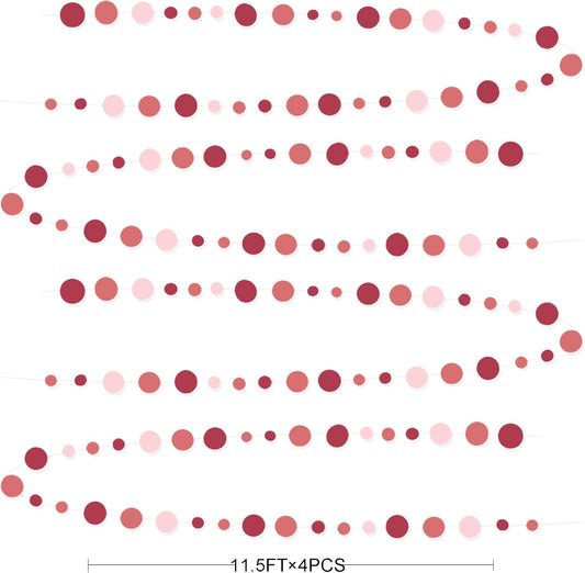 Burgundy Dusty Pink Decorations Circle Dot Garland Maroon Pink Hanging Polka Dot Streamer Banner for Wedding Birthday Bridal Shower Engagement Baby Shower Graduation Anniversary Garnet Party Supplies