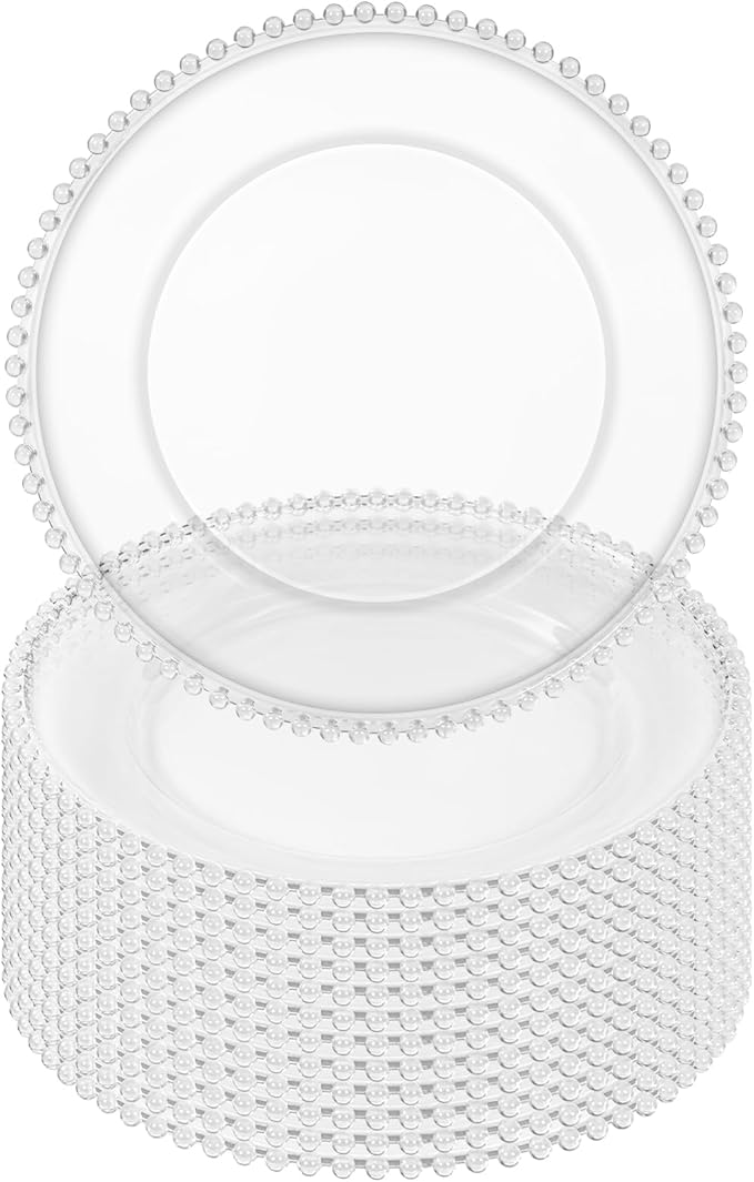 12 Pack Clear Charger Plates Bulk Wedding, 13 Inch Plastic Round Dinner Chargers with Clear Beaded Rim, Acrylic Round Decorative Plates for Wedding Party Home and Tabletop Decor