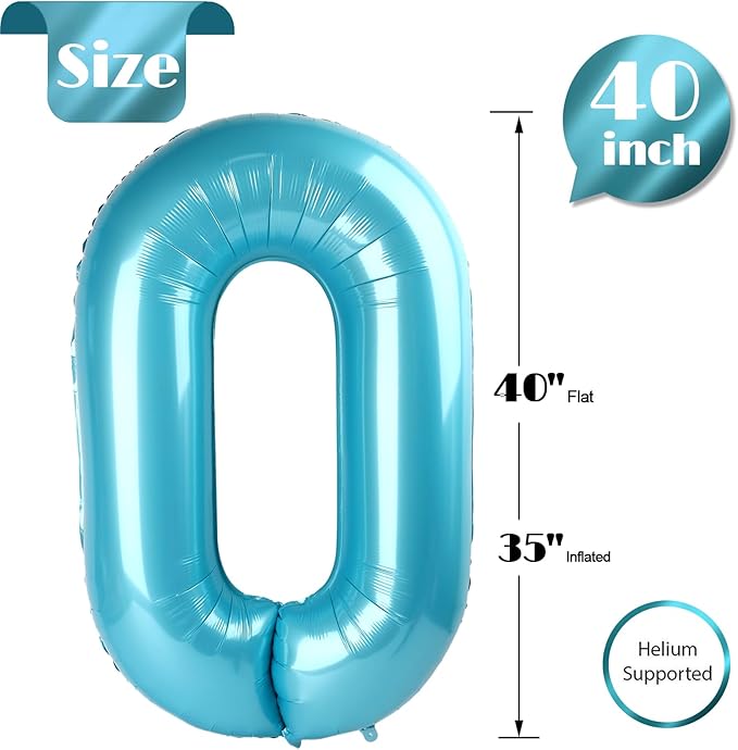 Pearlescent Blue Number Balloon 40 Inch, 0 Number Balloons, 10 20 30 40 50 Numbers Balloon Birthday Decorations, Party Supplies for Women Men